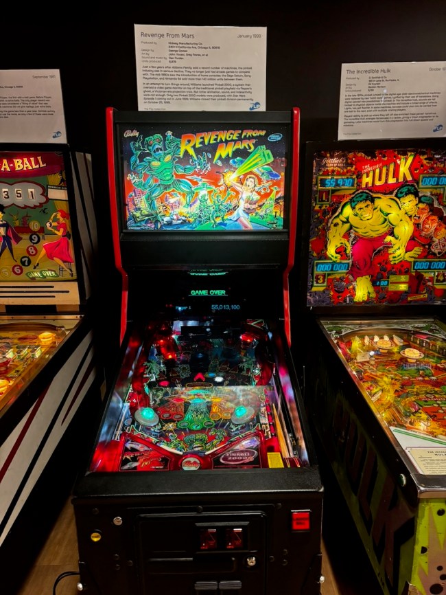 Revenge from Mars, a dot-matrix-display pinball game with a projected video overlay.